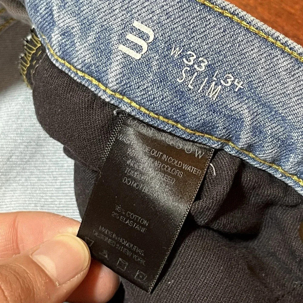Mott & Bow Jeans Mens 33x34 TRUE TO SIZE Blue Light Wash Slim Stretch Grunge